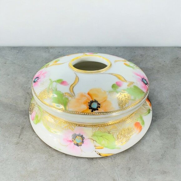 Antique Nippon Hand Painted Dresser Jar Container Hair Holder Textured Canister - Picture 3 of 16
